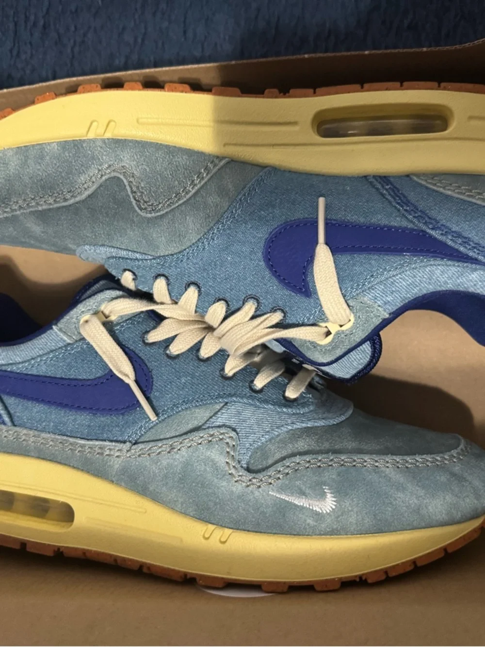 Nike Light Blue Denim Sneakers with Royal Blue Swoosh and Yellow Sole - Picture 1 of 6